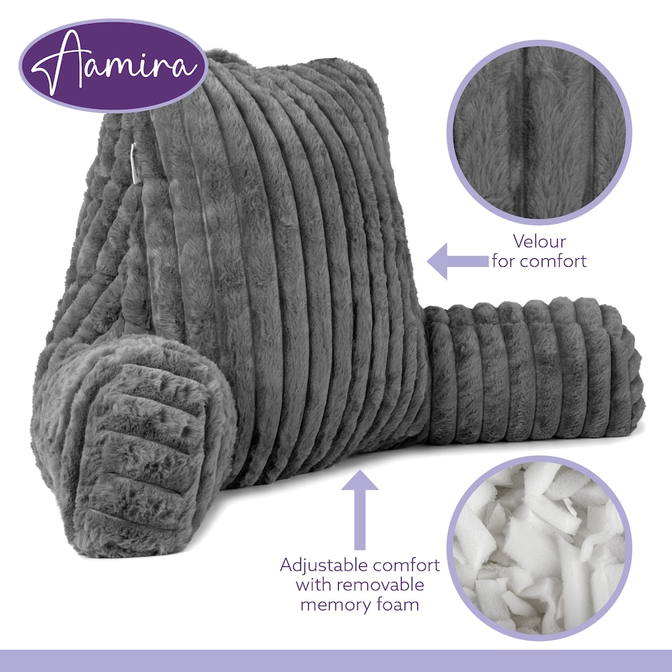 image 1 of Aamira Reading Pillow Grey Faux Fur Ribbed Memory Foam Support Cushion | Grey | Grey | Standard | 1