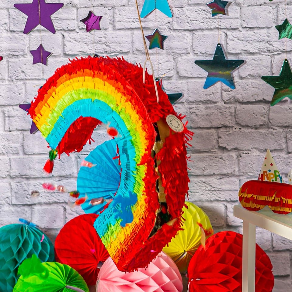 image 1 of Pinatas Rainbow Cardboard Pinata, Stick & Blindfold Set - W53cm x D9cm x H36cm - Multi