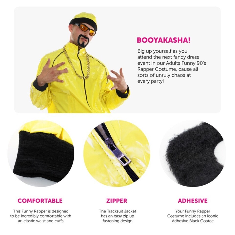 Tezkko Rapper 90's Rapper Costume - Yellow Hat, Glasses & Goatee | Yellow | L - Tesco ...
