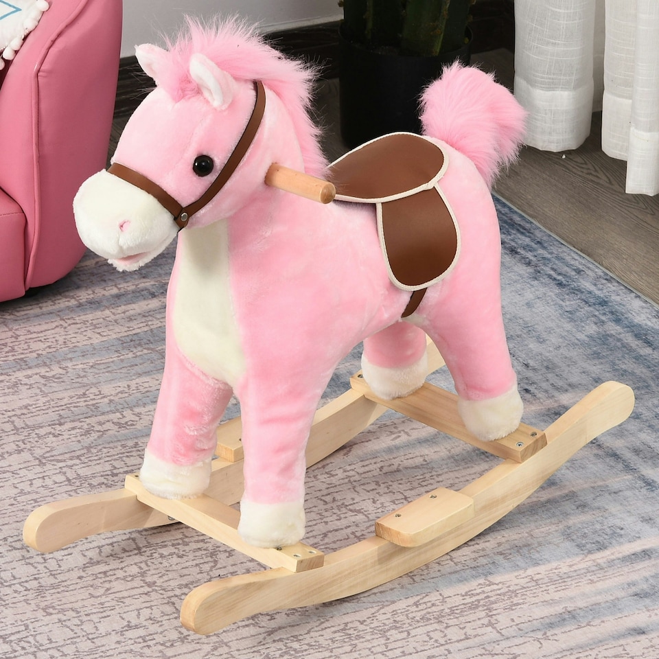 image 1 of HOMCOM Kids Plush Rocking Horse w/ Moving Mouth Tail Sounds 18-36 Months Pink