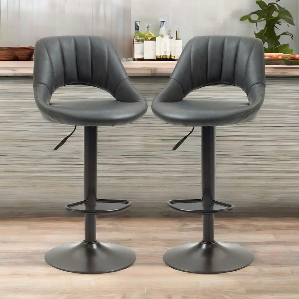 image 1 of 2PC Height Adjustable 360 PU Leather Swivel Barstools Set Black | Black