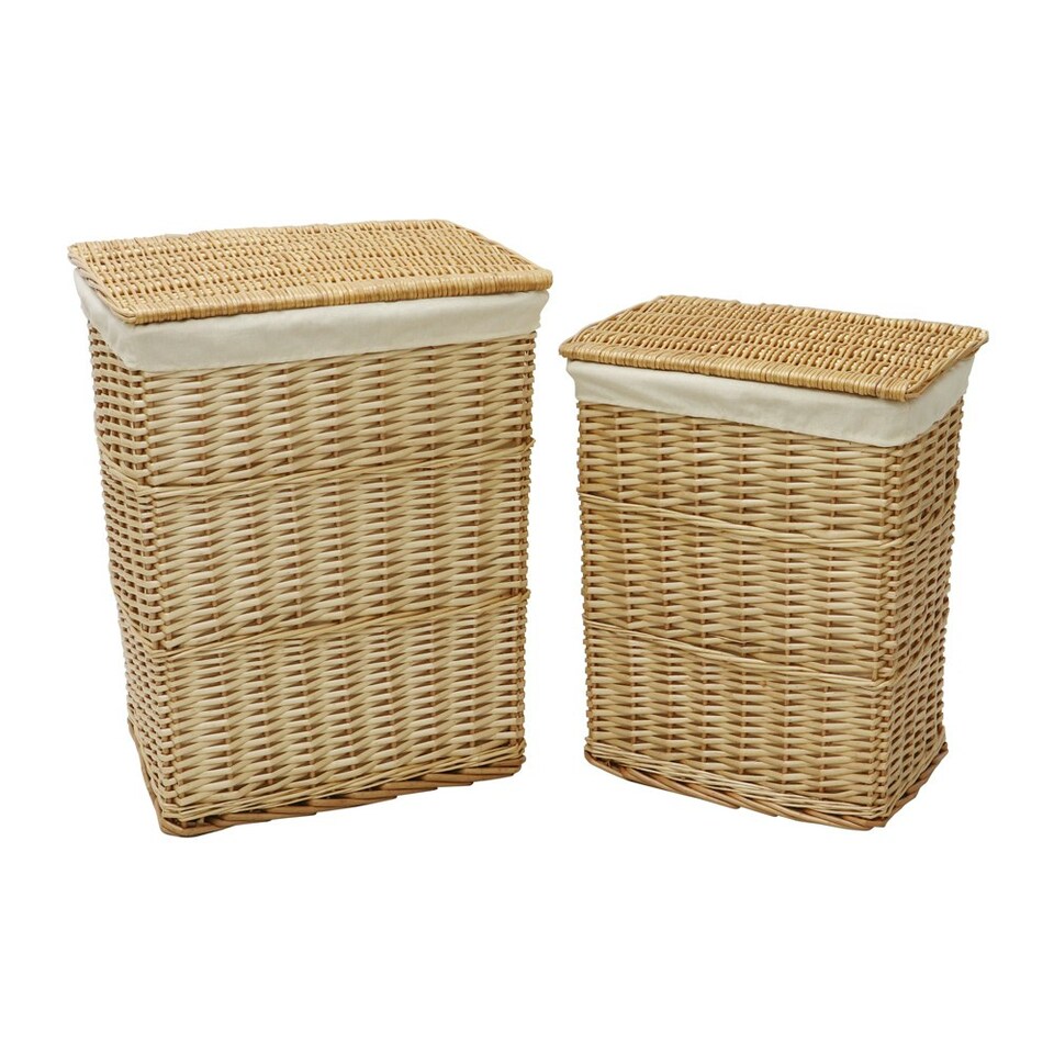image 1 of JVL Hand Woven Acacia Set of 2 Rectangular Laundry Willow Baskets with 2 Waste Paper Baskets, Honey Finish Brown