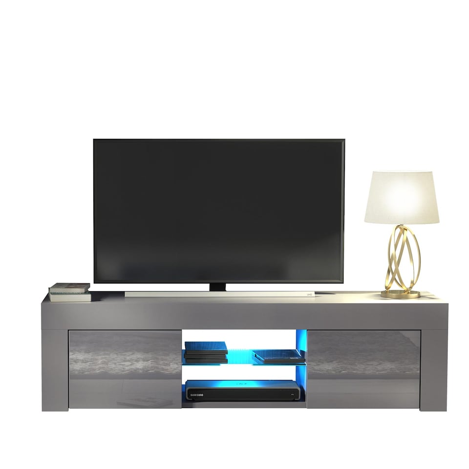 image 1 of TV Unit TV Stand Cabinet Sideboard Grey High Gloss Doors Free LED 130cm