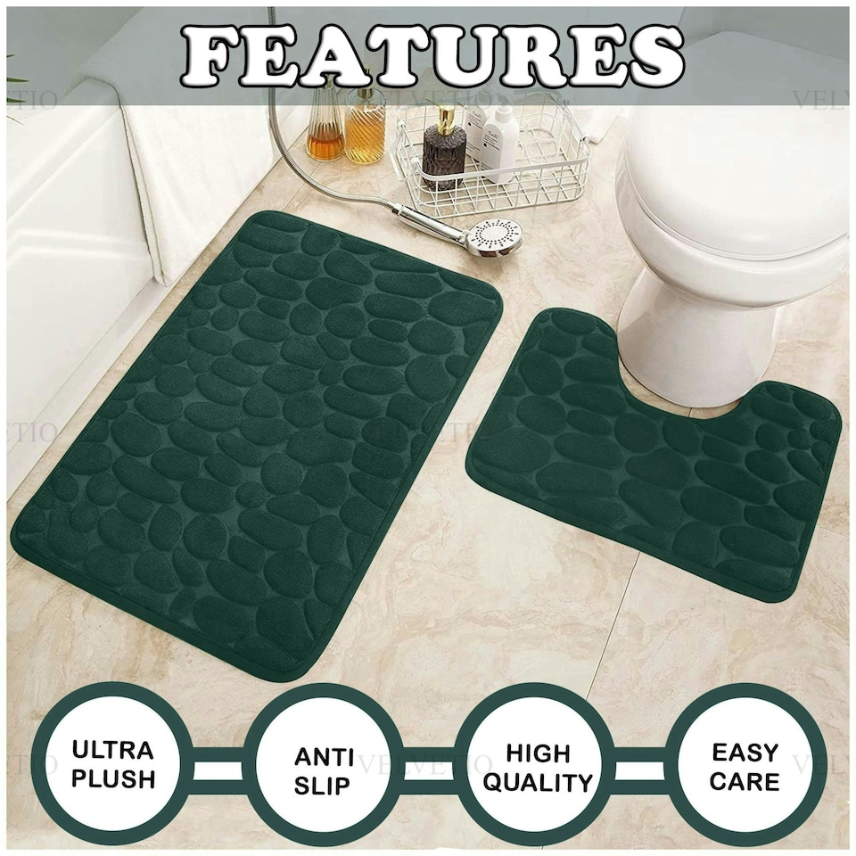 image 1 of VELVETIO 2Pc Pebble Bath Mat Set Memory Foam Bathroom Toilet Rugs Grey