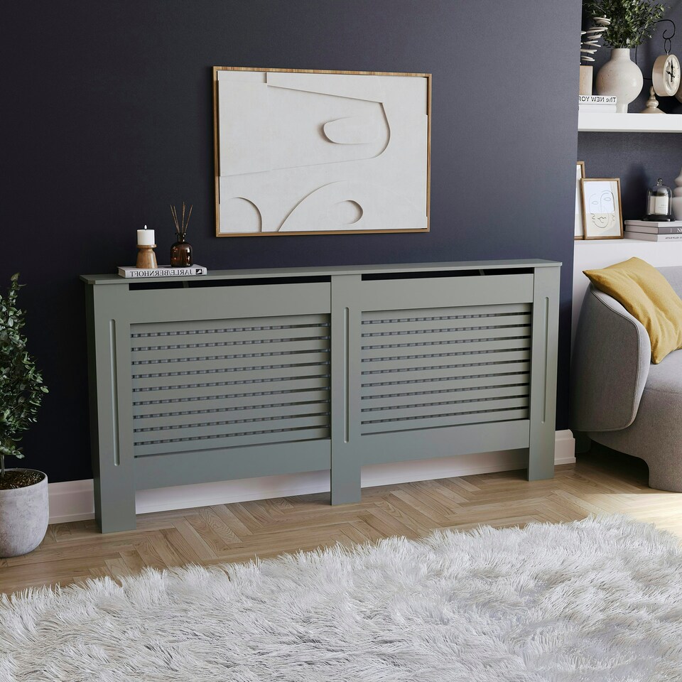 image 1 of Vida Designs Milton Radiator Cover Painted MDF Slatted Cabinet, Grey, 172cm