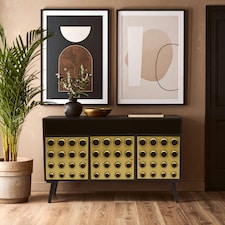 Interiors by Premier Stylish Three-Drawer Mango Wooden Sideboard, Mid-Century Modern Side Board for Living Room Organization Gold