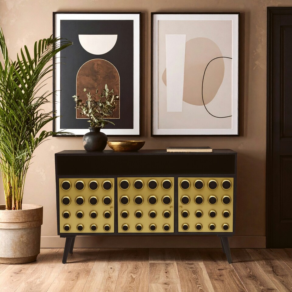 image 1 of Interiors by Premier Stylish Three-Drawer Mango Wooden Sideboard, Mid-Century Modern Side Board for Living Room Organization Gold