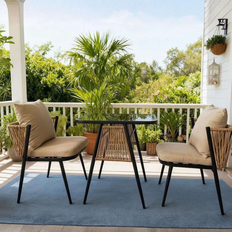 image 1 of Valena Patio Garden Bistro Set 3 Piece Rattan Outdoor Furniture Table & Chairs
