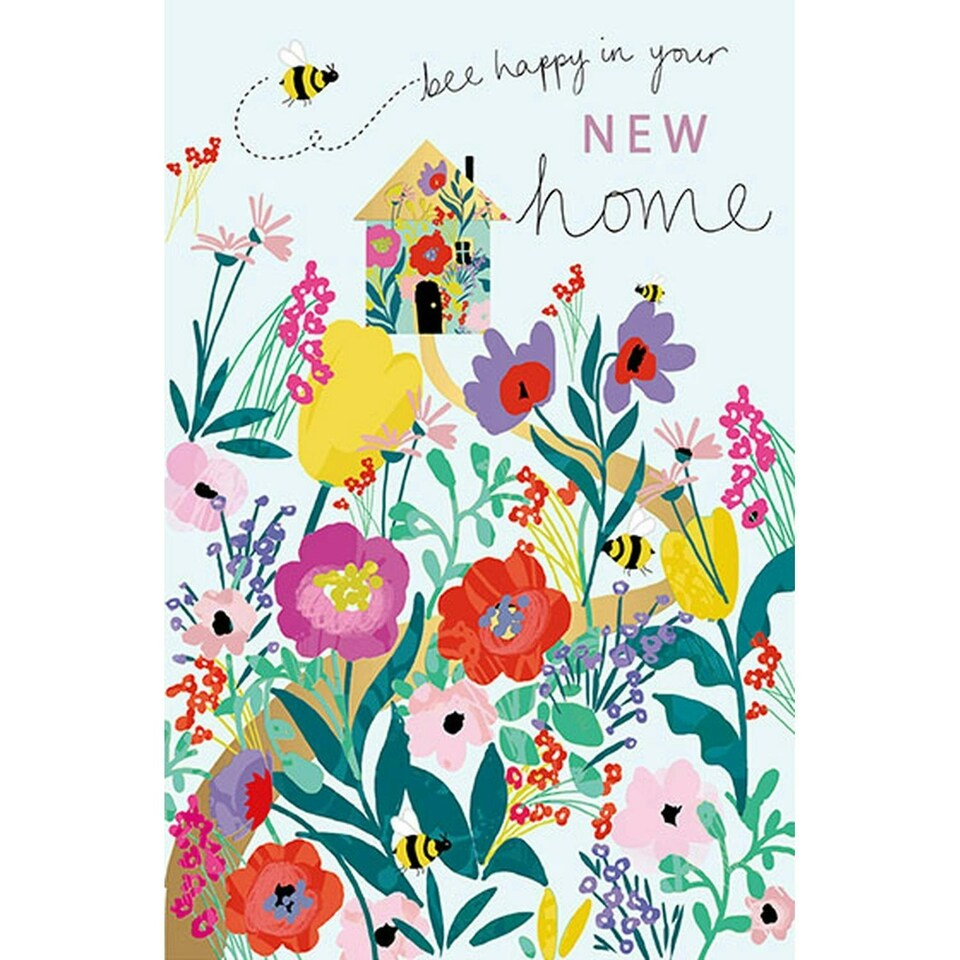 Words 'n' Wishes Traditional Bee Happy in Your New Home Card, Floral Design, Gold Foil Finish, Made in UK