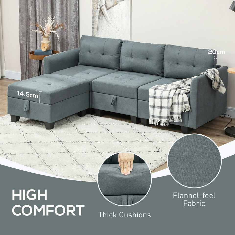 image 1 of HOMCOM Convertible Modular Sectional Sofa w/ Storage Wood Frame Dark Grey | Multi | Three Seater
