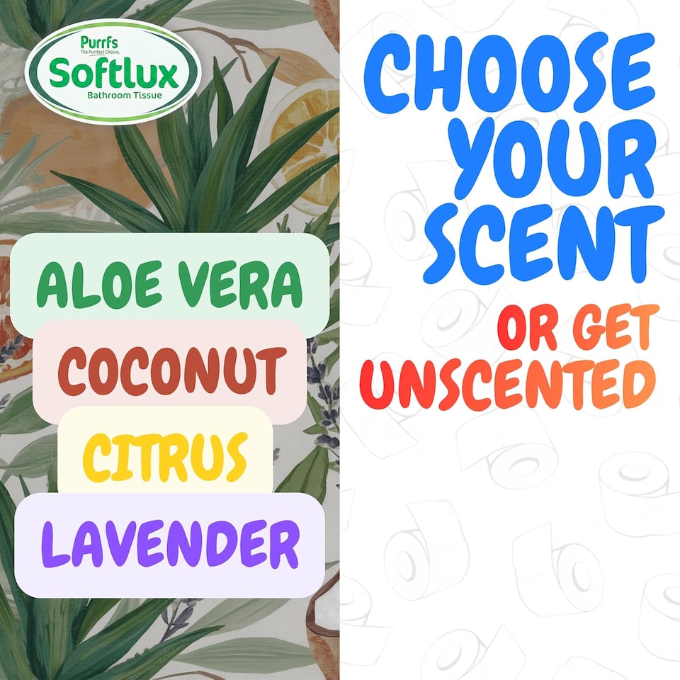 image 1 of Softlux Purrfs 3-Ply, Coconut Scented Quilted & Embossed Toilet Paper, Ultra Soft, Strong & Skin Kind, Premium Bathroom Tissue, 100% Virgin Pulp, Bulk Pack 45 Loo Rolls