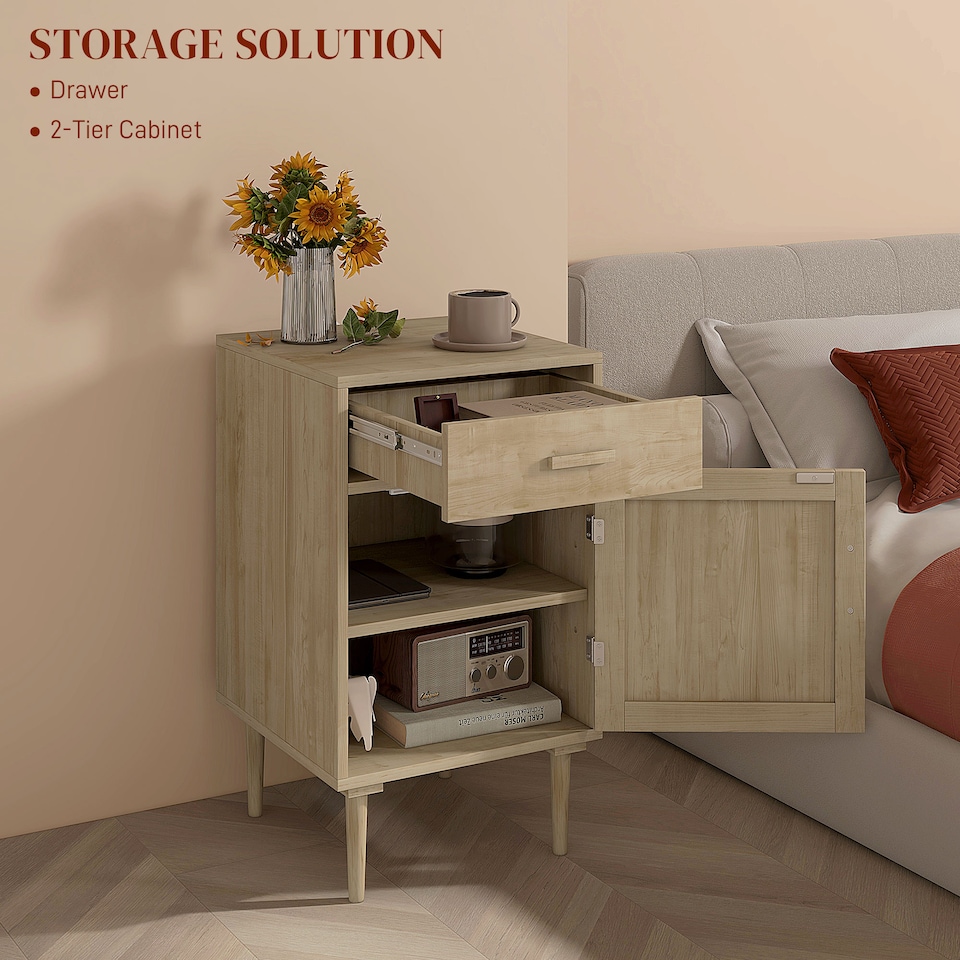 image 1 of HOMCOM Bedside Table, Rattan Side Tables with Drawer, Cabinet and Adjustable Shelf, Boho Bedside Cabinet with Storage for Bedroom, Living Room, Natural Wood Effect