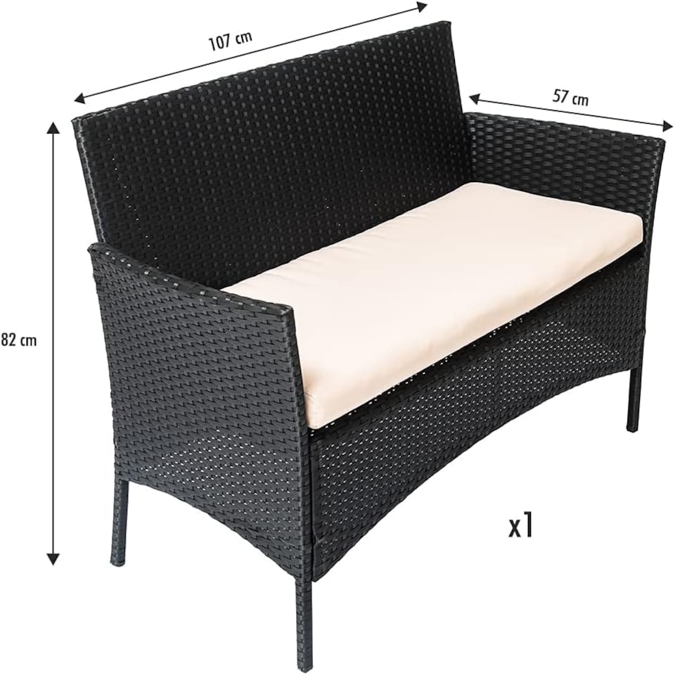 image 1 of Straame 4PC Rattan Garden Furniture Set with Table, 2 Cushioned Chairs & Double Sofa, (Black) Black