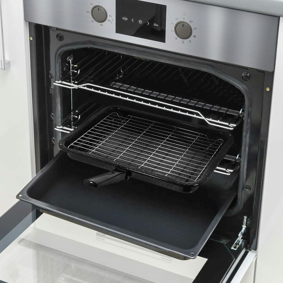 image 1 of SPARES2GO Small Grill Pan, Rack & Detachable Handle for Neff Oven Cookers (Non-Stick Vitreous Enamelled)