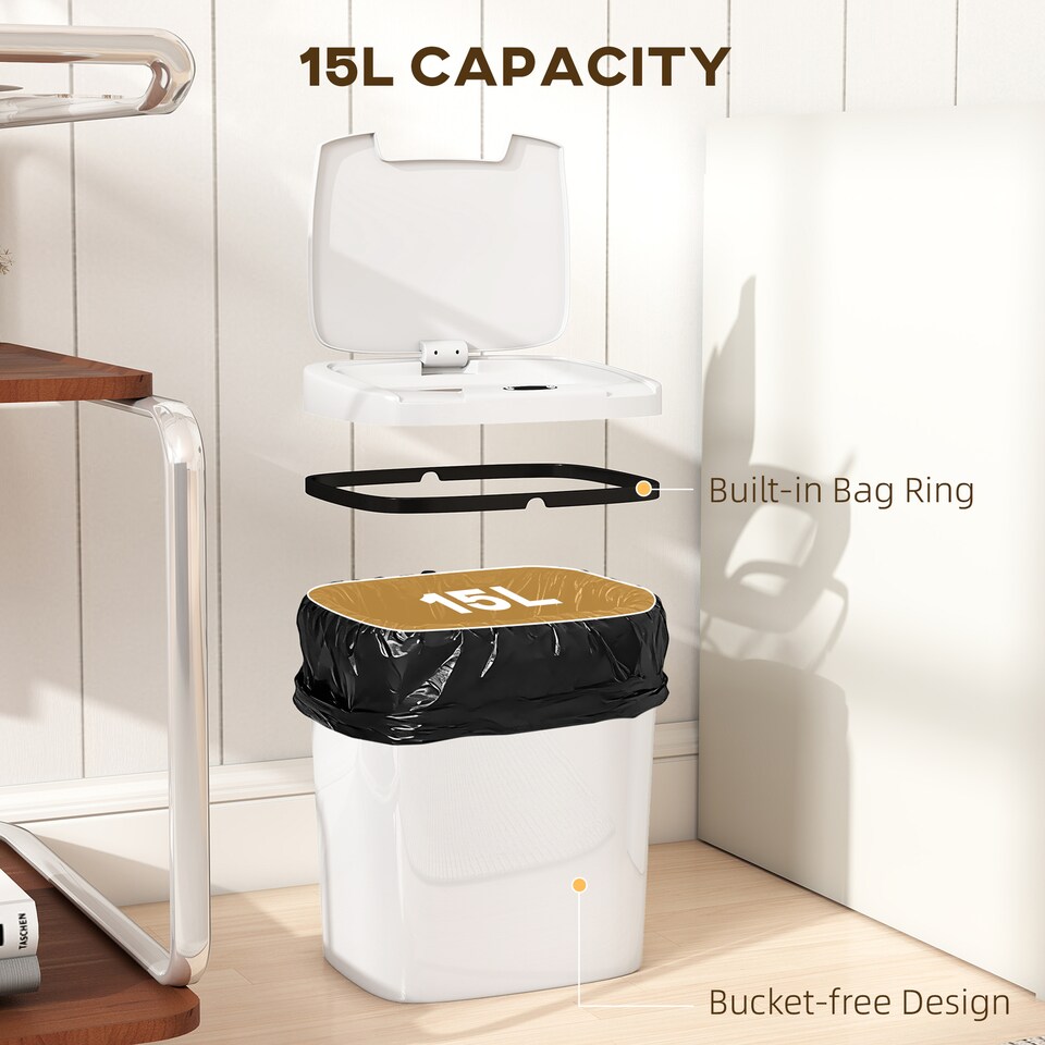 image 1 of HOMCOM 15L Sensor Bin, Automatic Touchless Kitchen Bin with Dual-Mode Opening, Easy Clean, Battery Operated for Home Office, Bedroom, Bathroom, White | White | White