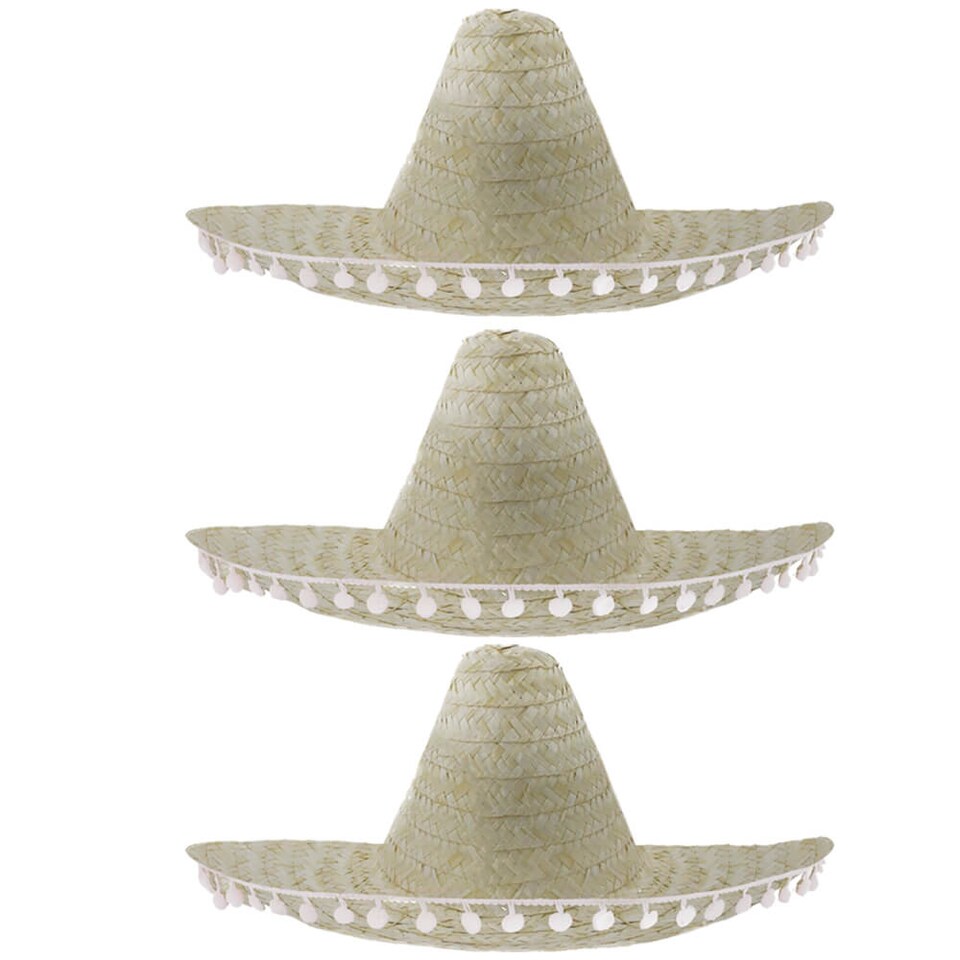 image 1 of Natural Mexican Sombrero with Pom Pom Edging | Cream | 6