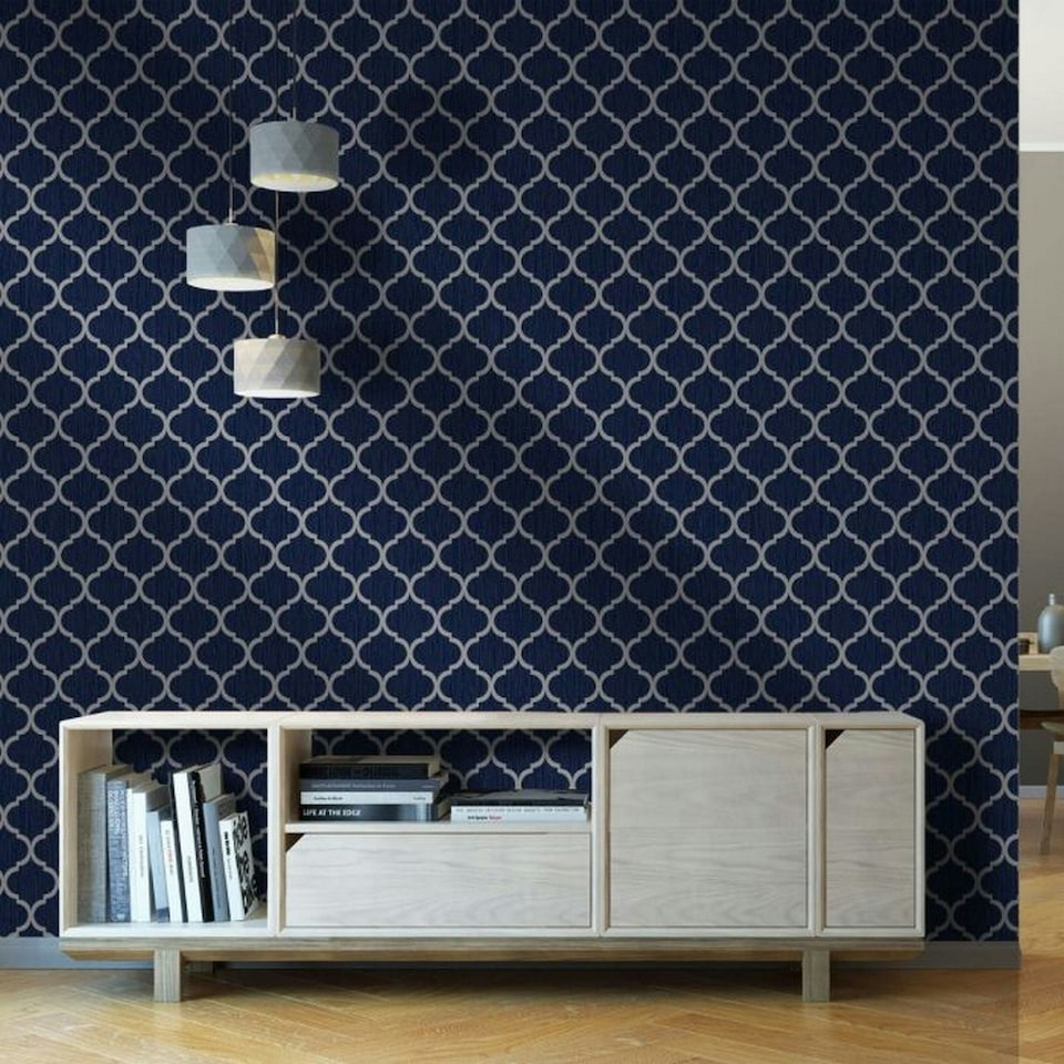 image 1 of Debona Crystal Trellis Textured Wallpaper - Blue/Silver - One Size Blue