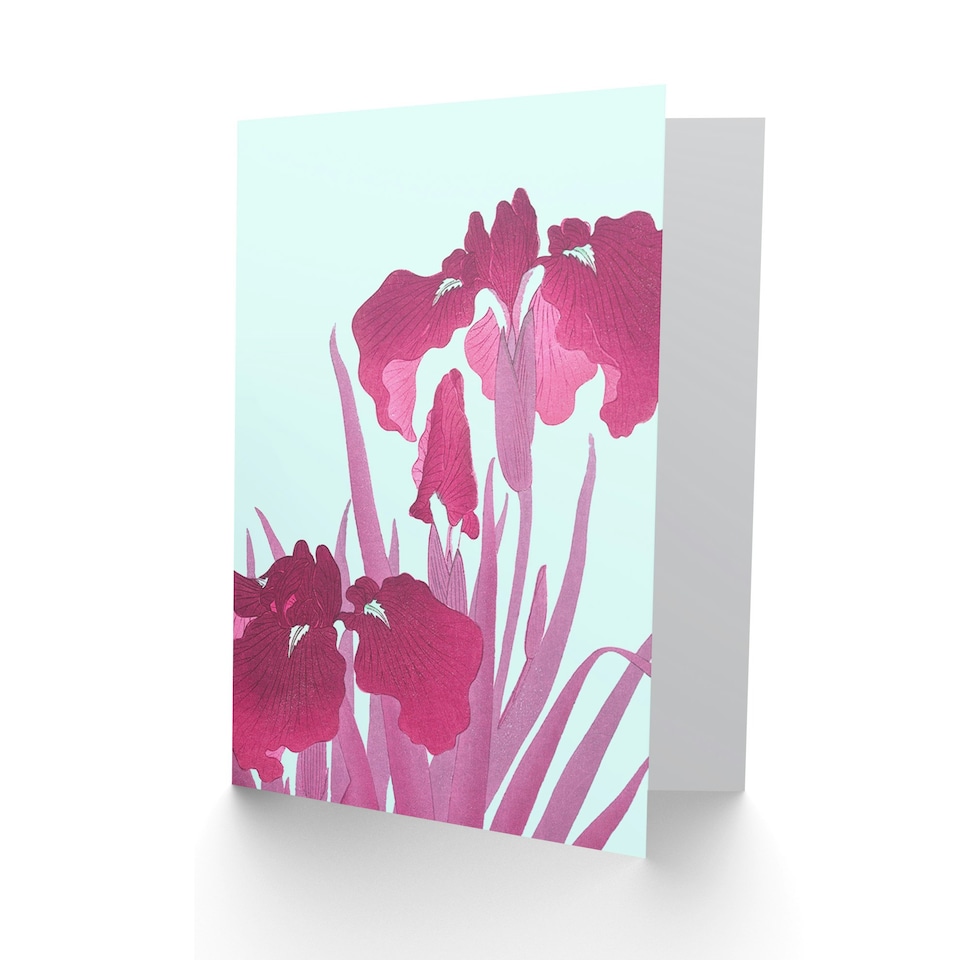 image 1 of Ohara Koson Pink Iris Flowers Turquoise Floral Design Greeting Card