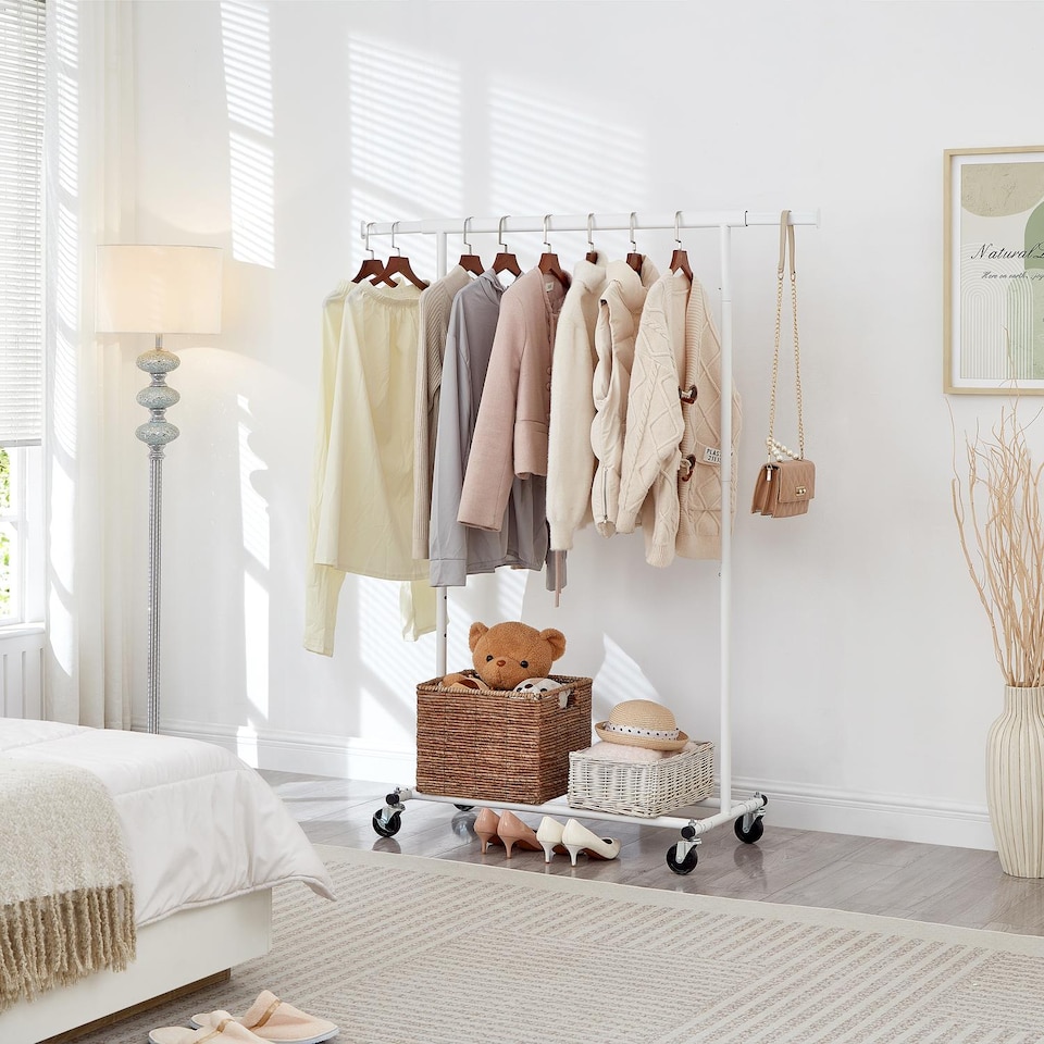 image 1 of House of Home Heavy Duty White Clothes Rail Adjustable Width, Height Shelf on Wheels, 100kg Capacity