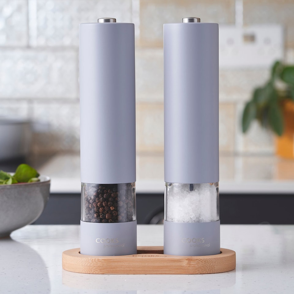 image 1 of Cooks Professional Electric Salt & Pepper Mill Set with Bamboo Base - Grey