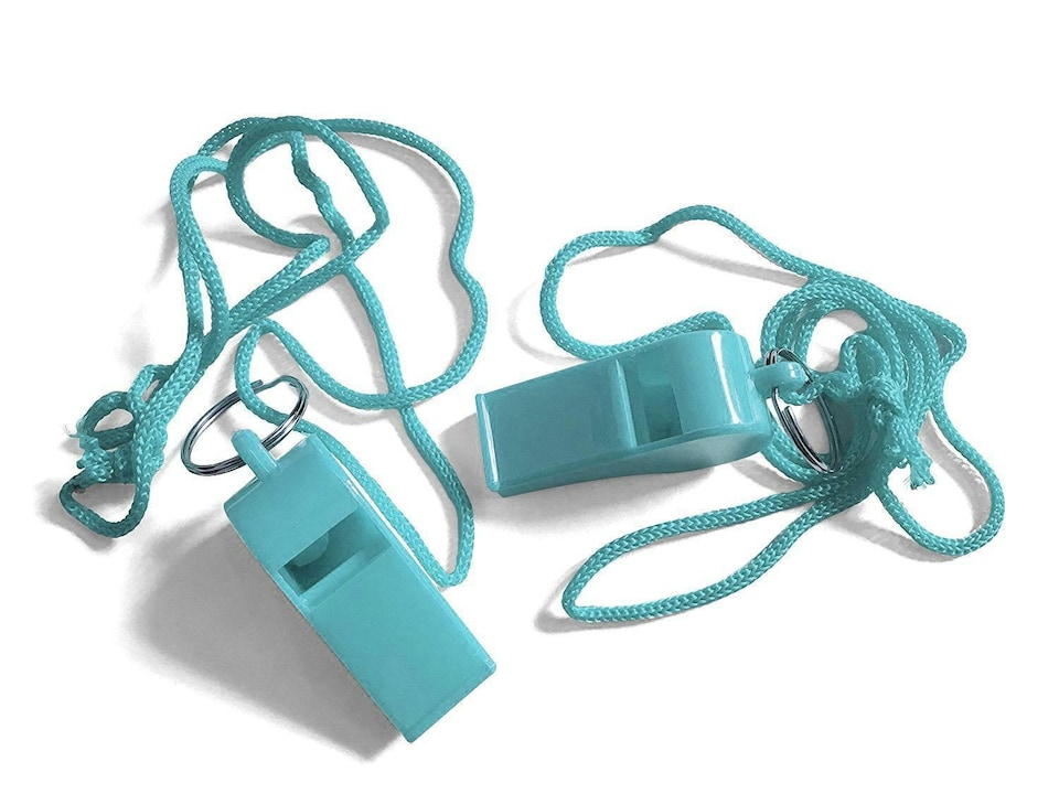 image 1 of Bag of 100 Light Blue Plastic Whistles with Lanyard Neck Cord