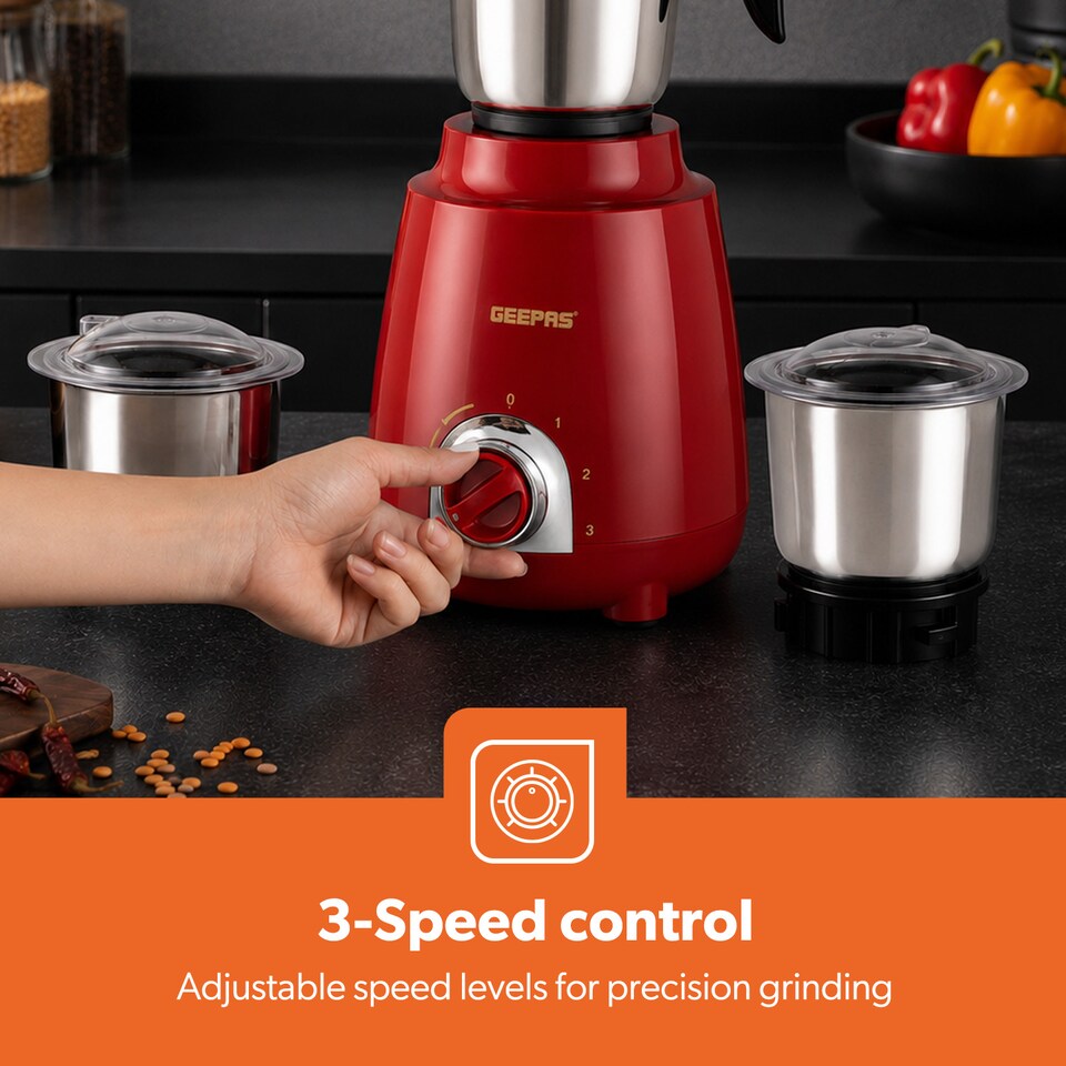 image 1 of GEEPAS 600W 3-in-1 Mixer Grinder | Stainless Steel Jars, Blades | Red