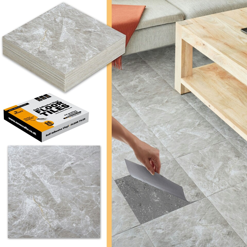 image 1 of Vinyl Floor Tiles Self Adhesive – 30 Pack Covers 30 sqf (2.79sqm) – 12x12in (30.5x30.5cm) Waterproof Peel & Stick Vinyl Flooring for Kitchen, Bathroom & Home Light Grey Marble