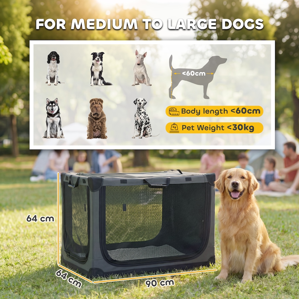 image 1 of PawHut Collapsible Dog Crate Portable Pet Travel Carrier 90 x 64 x 64 cm | Green | Army Green | L