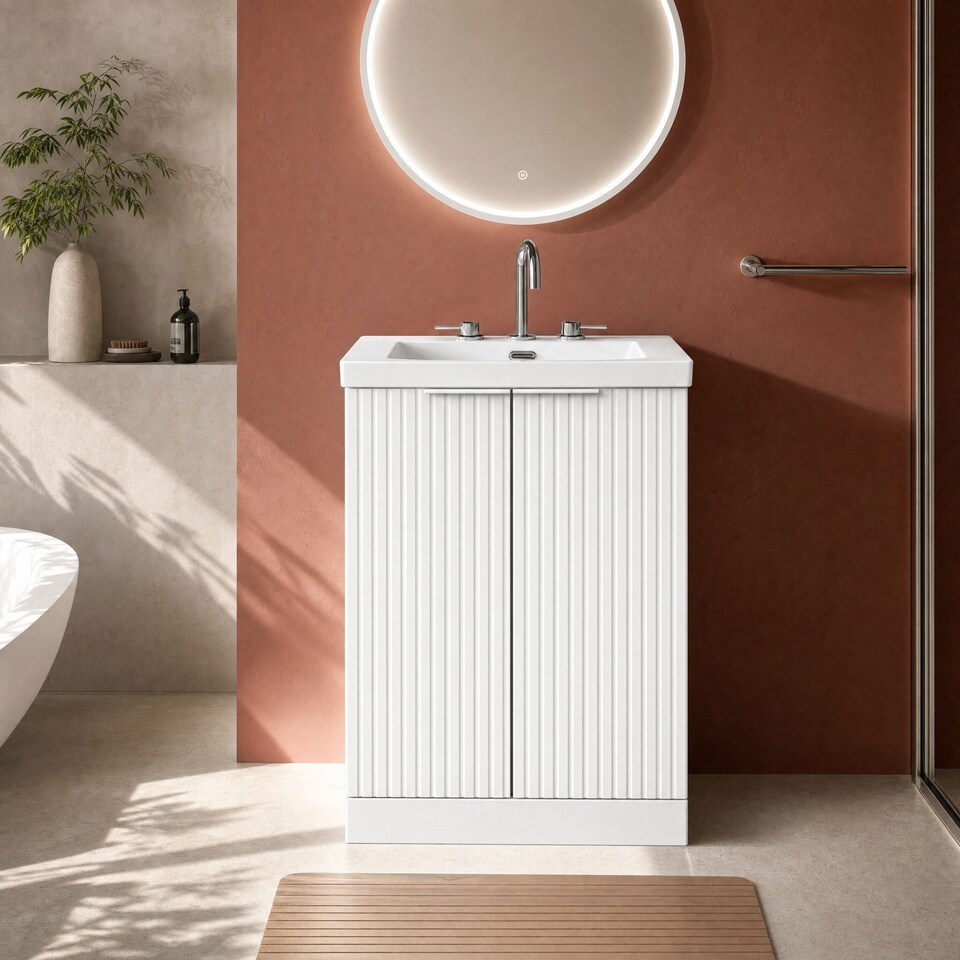 image 1 of Balterley Callingwood Contemporary Floor Standing 2 Door Vanity Unit with 3 Tap Hole Fireclay Basin , 600mm, Matt White