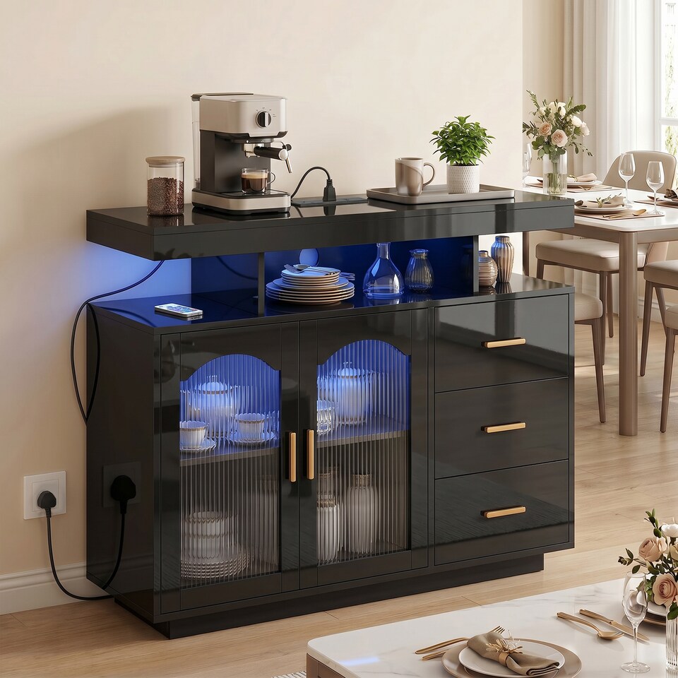 image 1 of HOMCOM High Gloss Sideboard with LED Lights, Power Outlets, Drawers