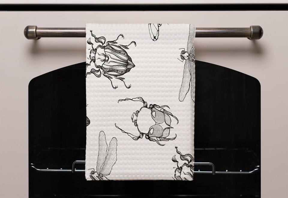 image 1 of Sketch of Scarab Beetle, May bug, Bee and Dragonfly (Kitchen Towel)