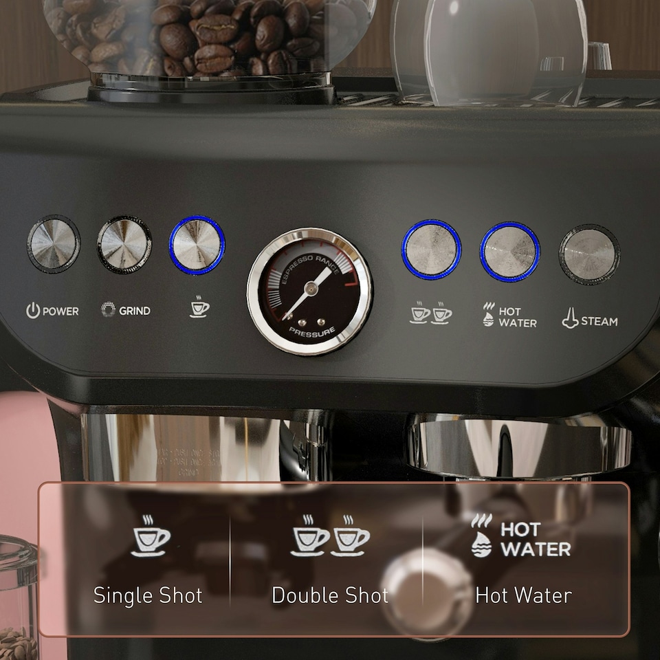 image 1 of HOMCOM Espresso Machine, Bean Grinder & Steam Wand, 15 Bar Pressure, Black