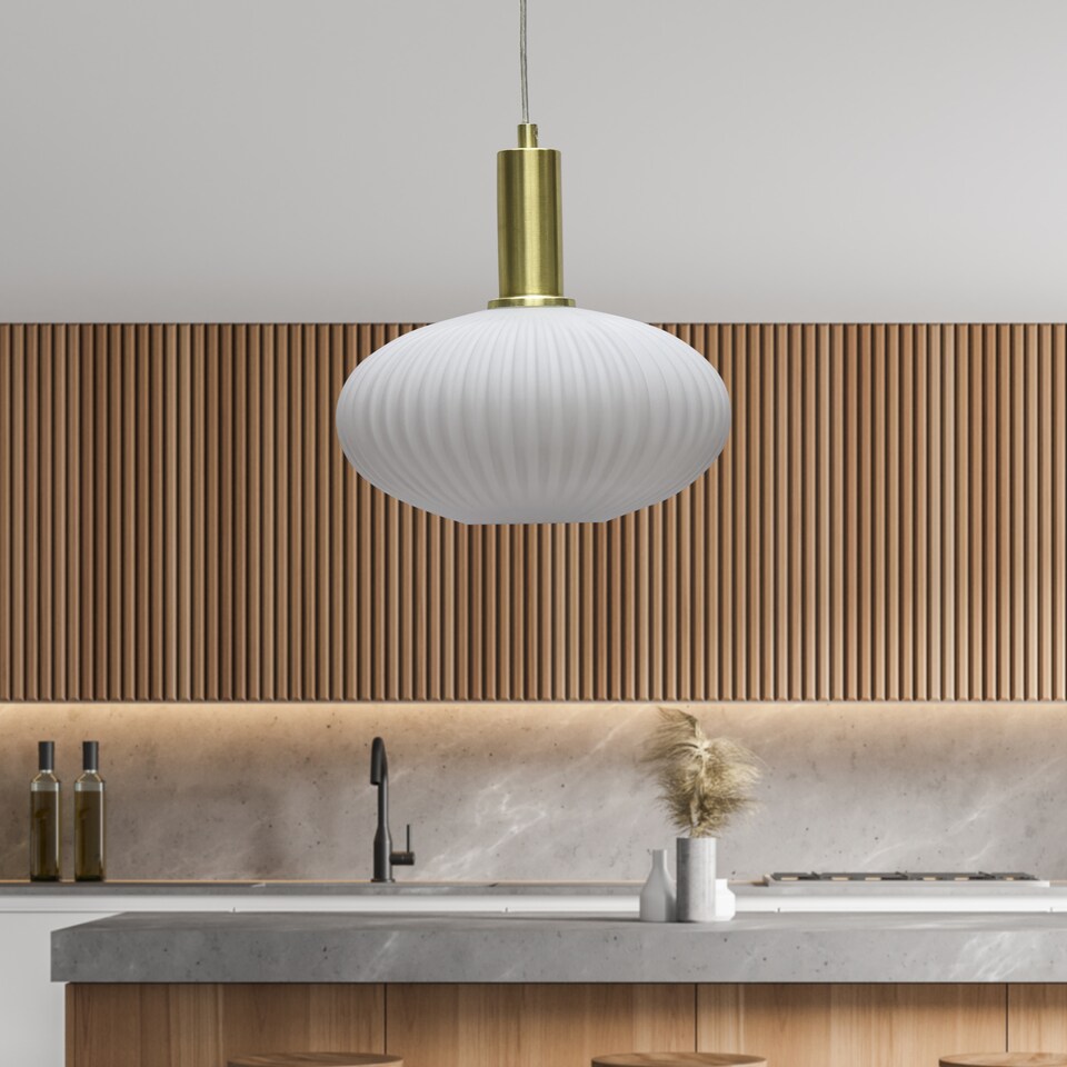 image 1 of Baton - White Ribbed Oval Glass Satin Brass Deco Pendant Fitting
