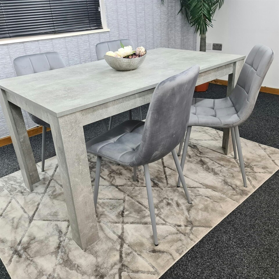 image 1 of Dining Table with 4 Grey Velvet Chairs Stone Grey Effect Wood Table Set for Dining Room Grey