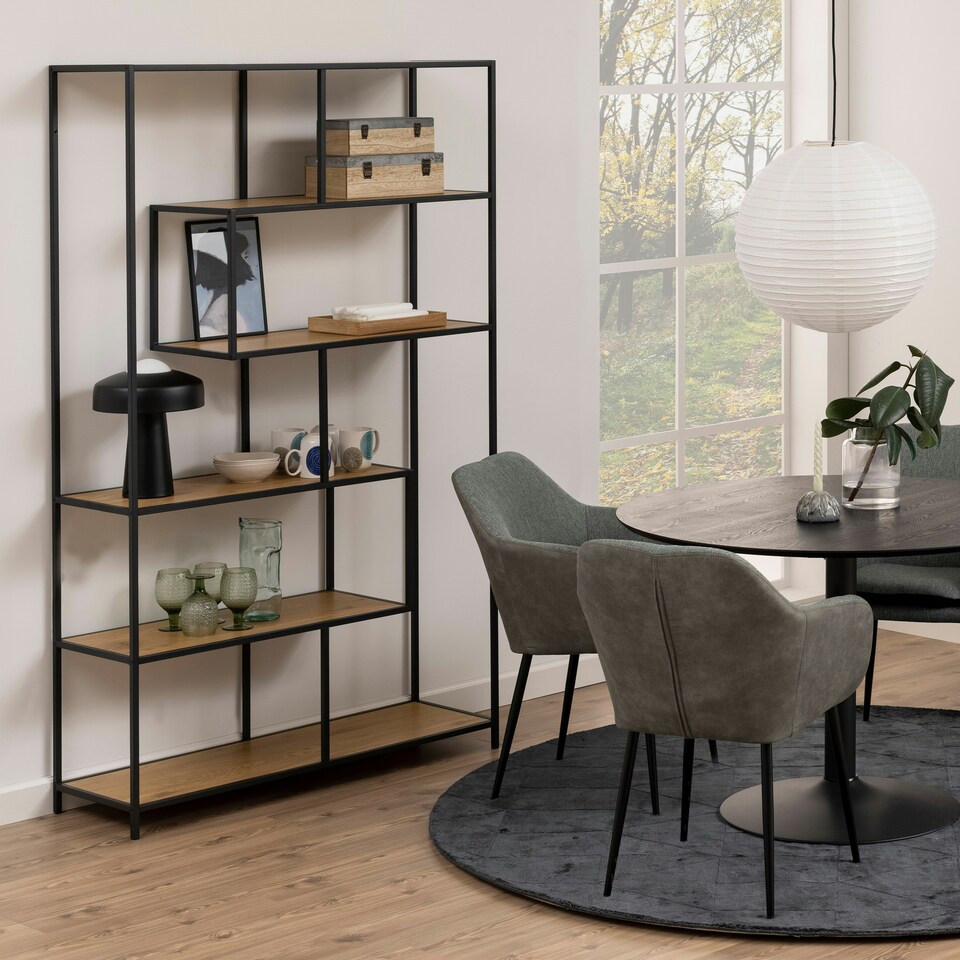 image 1 of Seaford Black Metal Large Asymmetrical Bookcase with 5 Oak Shelves