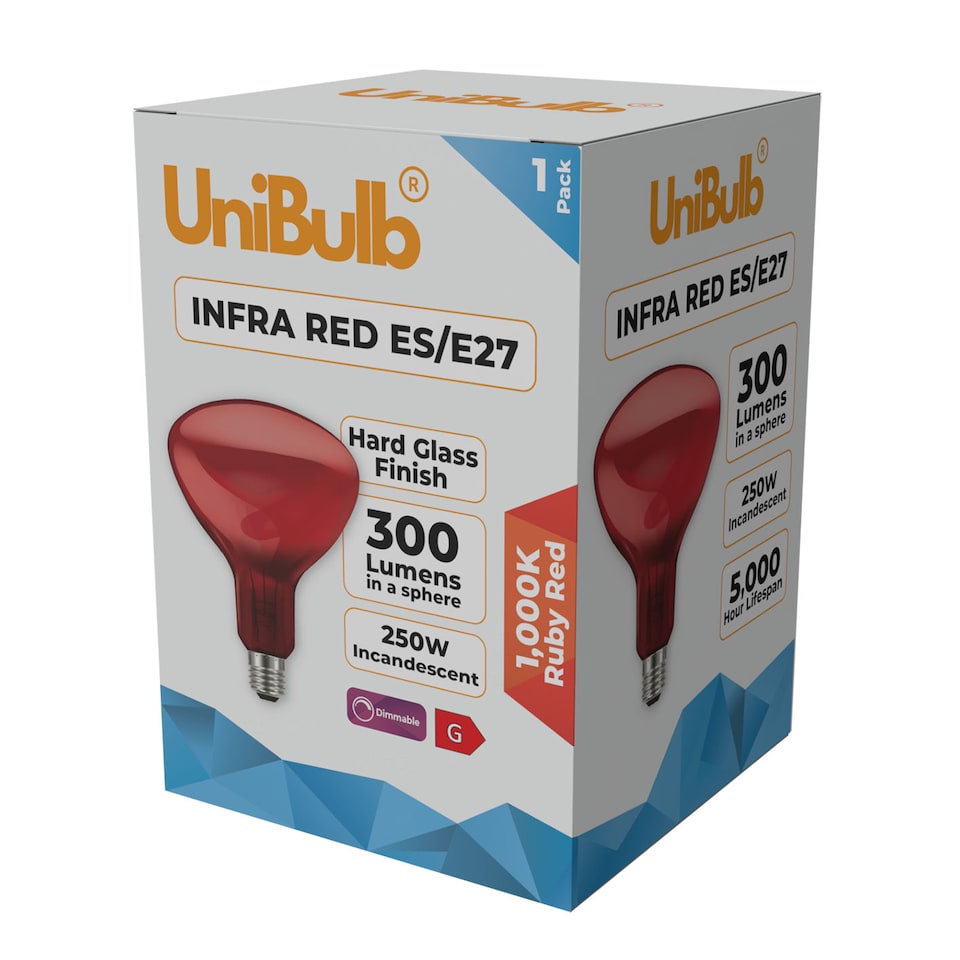 image 1 of UniBulb Infra-Red Ruby Red Heater Lamp Light Bulb E27 300lm 250W 2000K - Pack of 1 | Red | Infra Red | 1