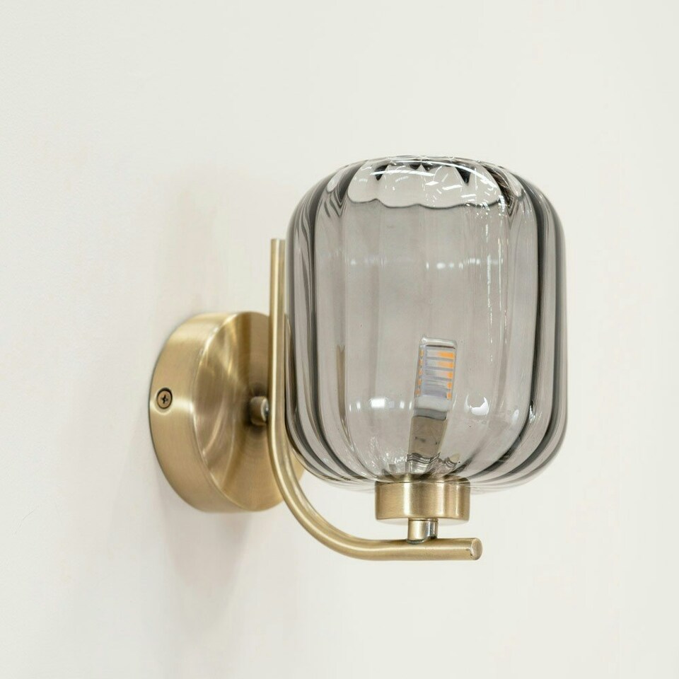 image 1 of ValueLights Amelie Gold Stem Single Ribbed Glass Lamp Wall Light with LED Bulbs