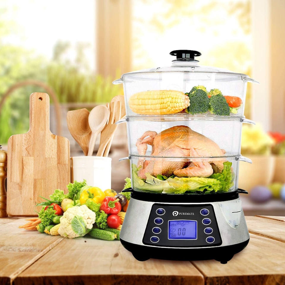 image 1 of 800W Digital 3 Tier Electric Food Steamer with Rice bowl