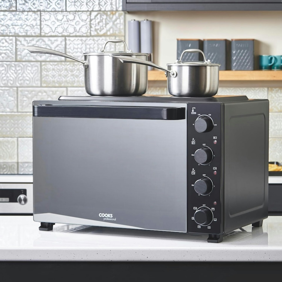 image 1 of Cooks Professional Mini Oven | 48 Litre with 2 Ceramic Hobs | 1800W Oven | 1000W and 1500W Ceramic Hobs | Black Contemporary