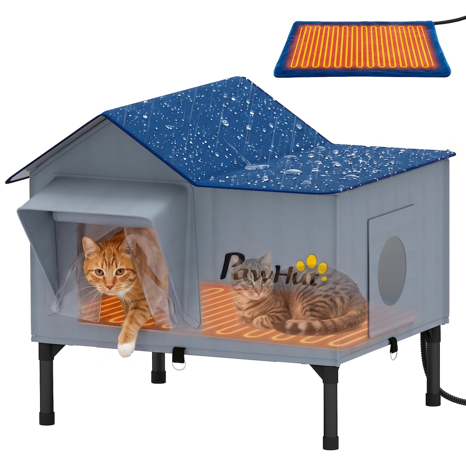 image 1 of PawHut Heated Cat House Weatherproof Cat House for Outside with Heating Pad