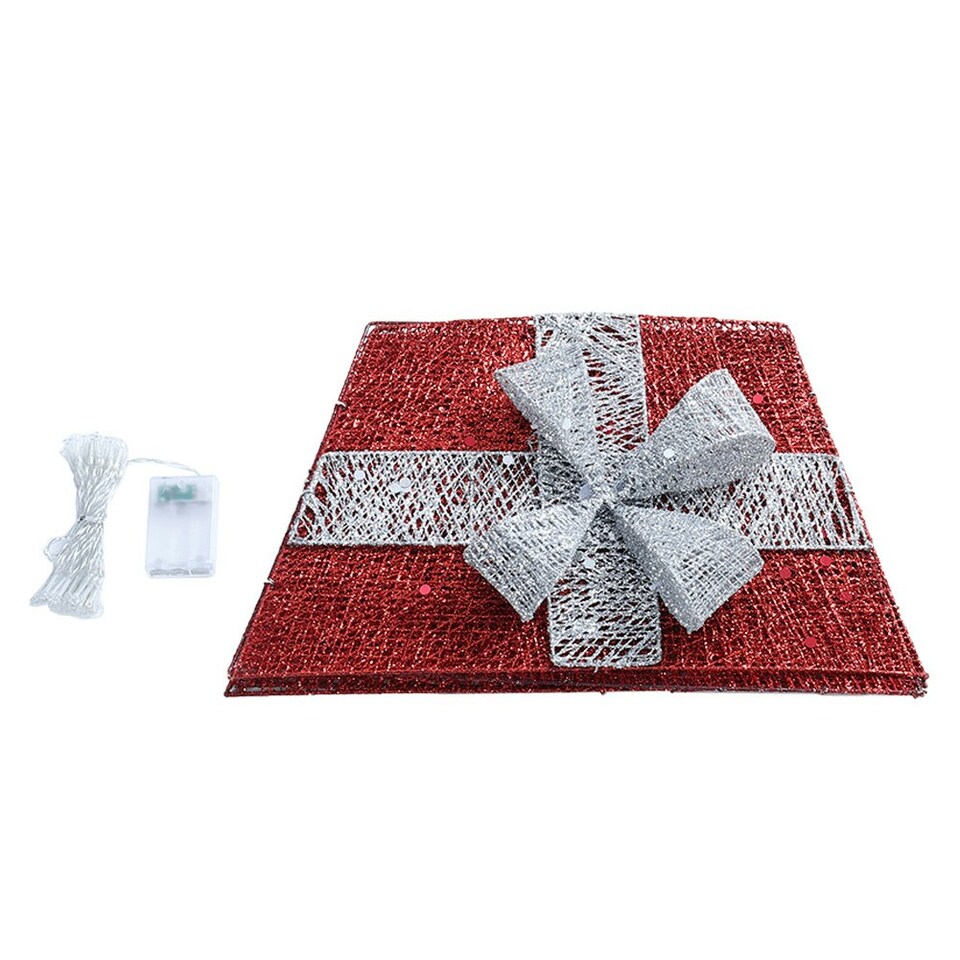 image 1 of Living and Home Square Christmas Tree Collar Skirt Decor with Bow Tie & Lights - Red
