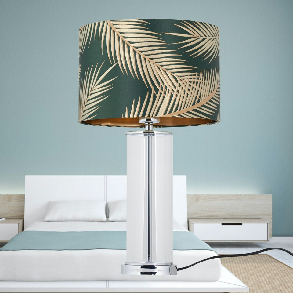 image 1 of Aura - Chrome Table Lamp with Green & Gold Leaf Shade Chrome | Green