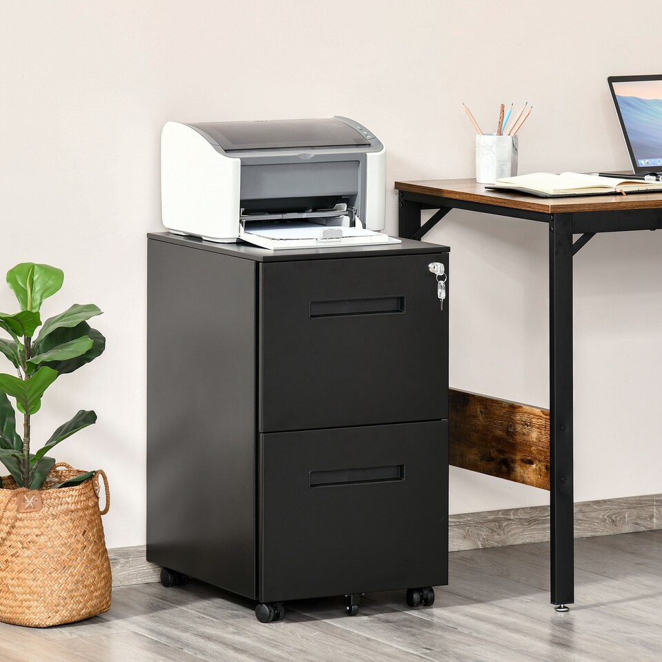 image 1 of Vinsetto Metal Mobile File Cabinet with Wheels, Lockable 2 Drawer Filing Cabinet for A4, Legal, Letter, Compact Under Desk Storage Unit with Pre-Assembled Body for Home Office, 39 x 48 x 67cm, Black