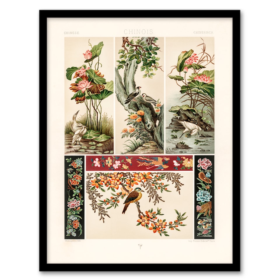 image 1 of Albert Racinet Framed Wall Art Chinese Patterns of Birds and Flowers Home Décor