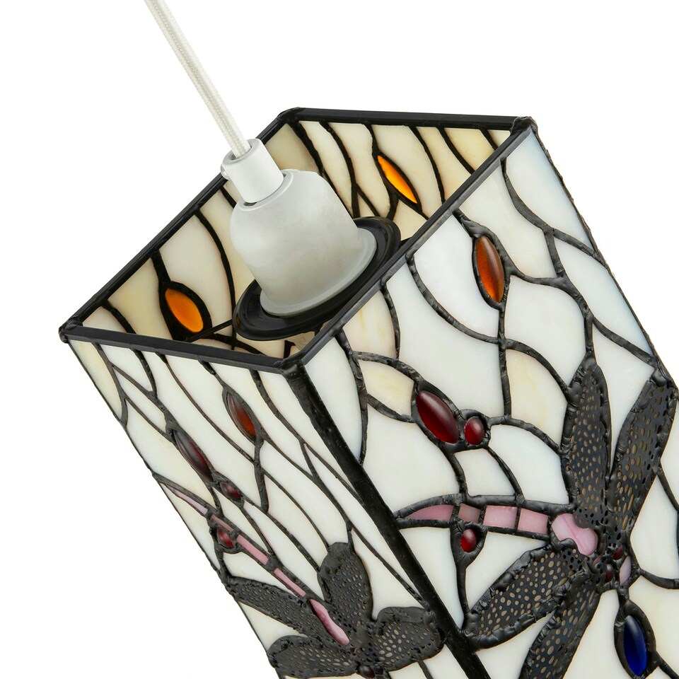 image 1 of White Stained Glass Dragonfly Rectangular Tiffany Pendant Light Shade White