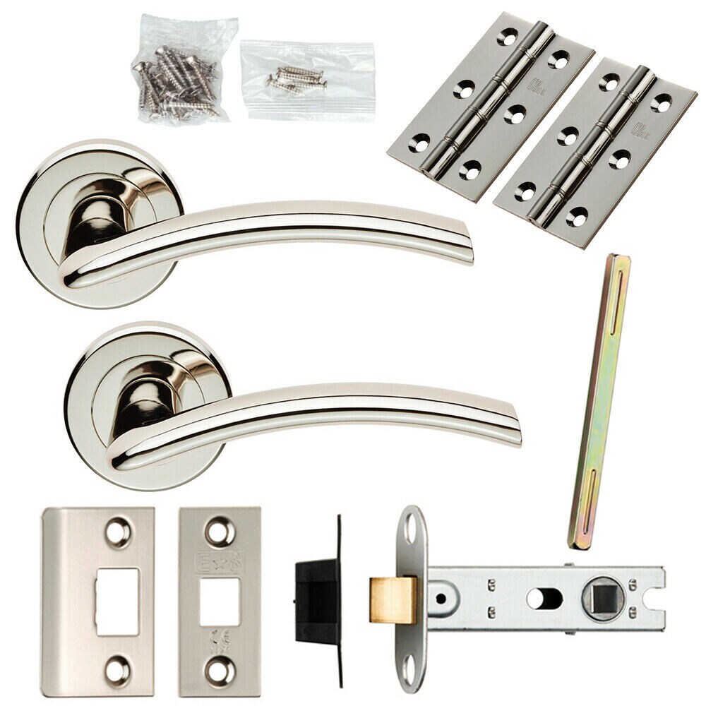 Loops Door Handle & Latch Pack Polished Nickel Arched Lever Screwless Round Rose in Metallics