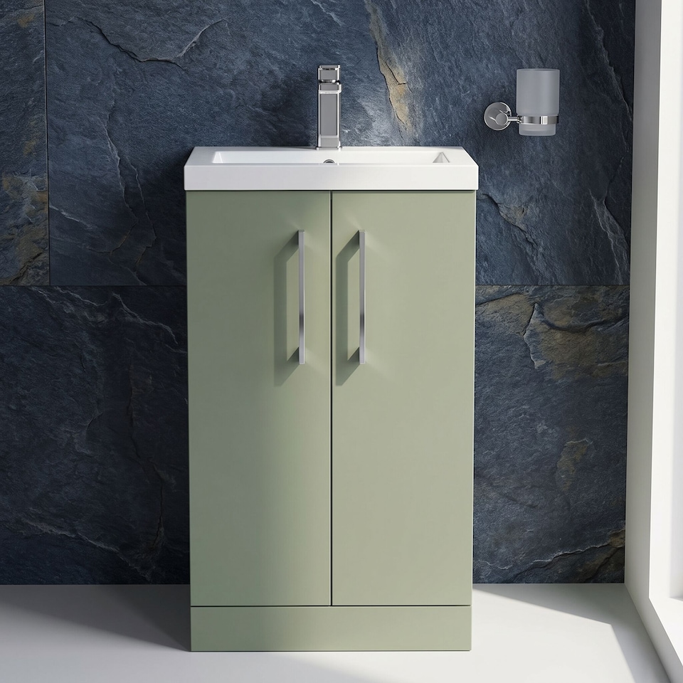 image 1 of Balterley Level Compact Bathroom Cloakroom Vanity Basin Unit with Ceramic Basin, Handles | Green | Satin Green
