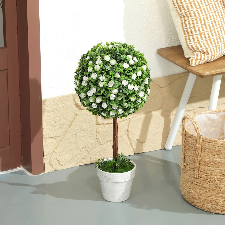 image 1 of HOMCOM Set of 2 Artificial Plants with Rose Flower in Pot, 60cm, White