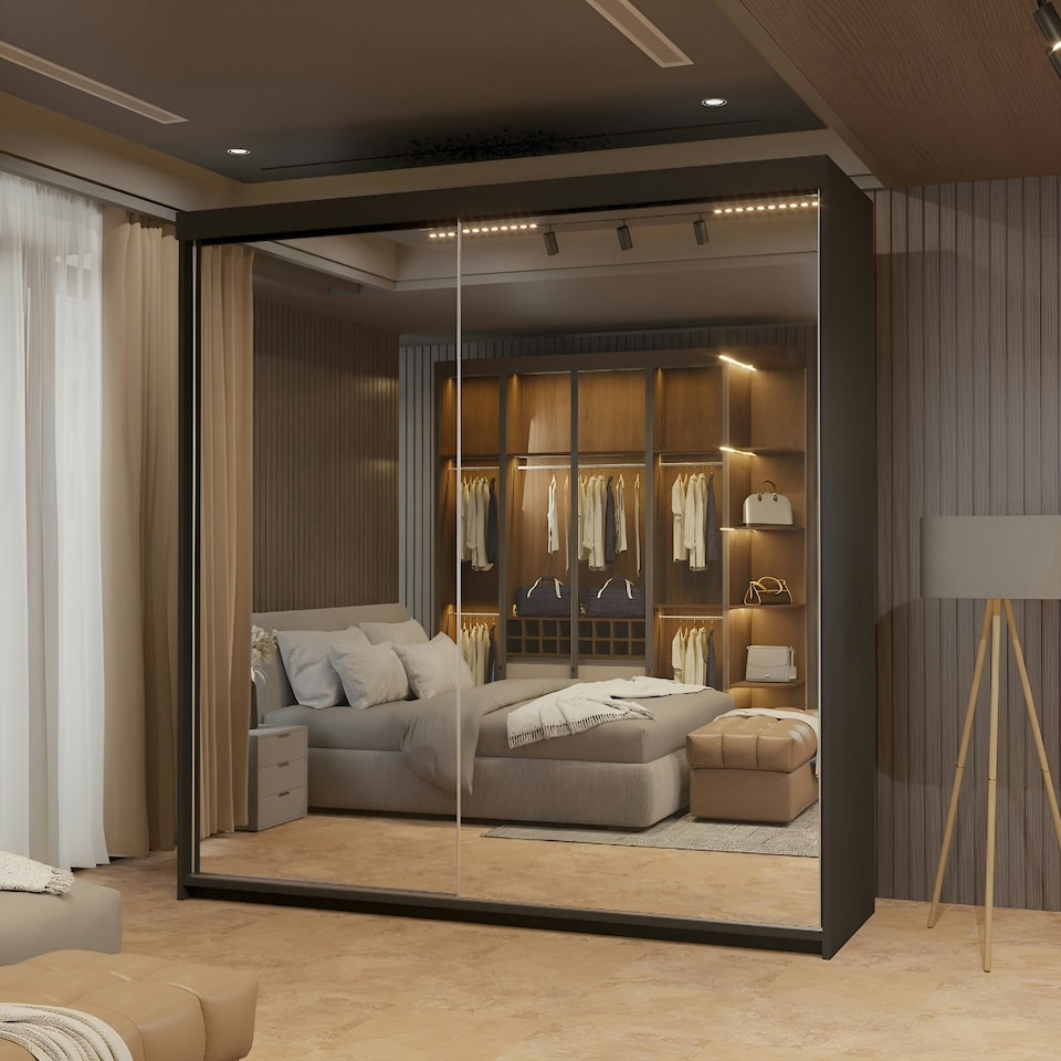 image 1 of Modern Full Mirror 200cm Sliding Door Wardrobe Available in White or Black | Bedroom Storage with Drawers & Hanging Rails Black | 200cm