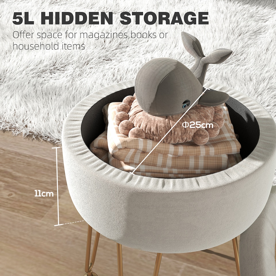 image 1 of HOMCOM 5L Velvet Storage Ottoman, Modern Round Footstool with Metal Hairpin Legs and Removable Lid, Dressing Table Stool Side Table for Hallway, Bedroom, Living Room, 33 x 33 x 43 cm, Cream White